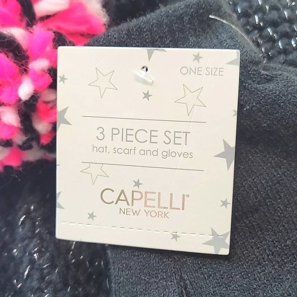 NEW! CAPELLI 3pc. Knit Triangle Scarf, Pom Pom Hat & Glove Gift Set!